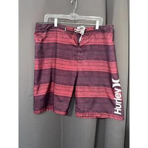 Hurley Board Shorts Size 36 Red Purple Stripe Drawstring Surf Swimwear